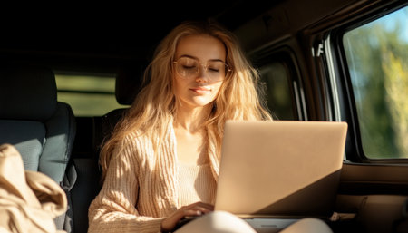 Escape the ordinary! Join the digital nomad revolution Imagine a woman coding in her sun-drenched camper van, a vibrant symbol of location independence Witness work blending seamlessly with adventure This image captures the essence of modern entrepreneurship: productive days fueled by wanderlust, pursuing dreams while traveling the world Embrace freedom, AI Generativeの素材
