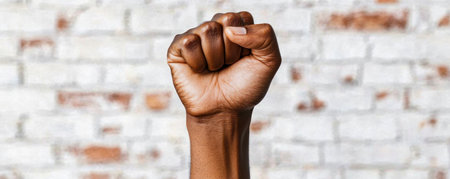 This Black History Month image embodies empowerment through unity A raised fist symbolizes the Afro struggle for dignity, resilience, and strength It commemorates the past fight for equality while serving as a potent reminder to continue working towards a just future This powerful symbol represents unwavering determination within the Black AI Generativeの素材