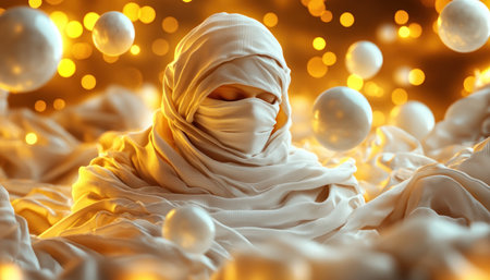 Immerse yourself in divine serenity with our new image: an ethereal goddess in flowing silk, bathed in celestial light with floating orbs This captivating artwork evokes wonder and adds a touch of magic to any space Discover mesmerizing details and a breathtaking glow, perfect for fantasy lovers and art enthusiasts AI Generativeの素材