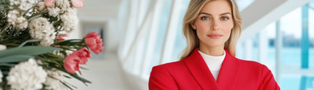 Boost your brand with this inspiring stock photo featuring a confident businesswoman in a red jacket, embodying strength and success Perfect for corporate websites, motivational materials, or articles on female leadership Elevate your project with this high-quality image showcasing determination and elegance Capture attention and increase engagement now! AI Generativeの素材