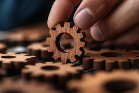 Boost your website with this striking stock photo: a hand completing a gear-puzzle, symbolizing teamwork, synergy, and problem-solving Perfect for business, innovation, or strategy content, it visually represents collaboration, success, and integrated solutions Elevate presentations and marketing materials with this powerful image of unity, efficiency, and progress Download now! AI Generativeの素材