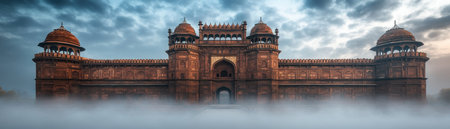 Witness the Red Fort in Delhi shrouded in mystical morning mist This breathtaking photograph captures the ancient architecture emerging from the fog, offering a rare and unforgettable view of India's rich history Perfect for travel enthusiasts and photography lovers, download this mesmerizing image now for your project or personal enjoyment! AI Generativeの素材