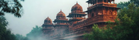 Capture India's mystical allure with this image of Delhi's Red Fort veiled in morning mist Witness the iconic architecture emerge from a serene atmosphere, blending history and ethereal beauty Perfect for travel enthusiasts and history buffs, this captivating scene showcases Indian culture and heritage, inviting you to explore the timeless AI Generativeの素材
