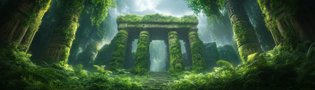 Venture into a lost world where enigmatic ancient ruins, draped in moss and vines, lie hidden deep within a lush jungle Uncover the secrets of a forgotten civilization reclaimed by nature's embrace Weathered stones whisper tales of the past, inviting exploration and imagination within this untouched sanctuary where history and AI Generativeの素材