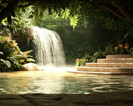 Escape to paradise with this enchanting image of a hidden waterfall cascading into a glowing crystal pool Immerse yourself in the serene beauty of this mystical jungle scene, perfect for calming wallpapers, inspiring screensavers, or a tranquil visual escape Download today and let the untouched wonder and peace transport you AI Generativeの素材