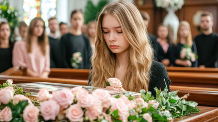 Experience the solemn beauty of a funeral service A woman lays a rose on a casket in a chapel filled with grieving mourners Witness poignant scenes of love, loss, and sympathy as they gather to remember and bid farewell Find visuals that honor cherished memories and offer comfort during this AI Generativeの素材