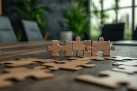 Unlock workflow synergy with this image of business professionals collaborating on a puzzle, symbolizing integration and success Ideal for illustrating teamwork, problem-solving, and achieving business goals Highlight strategic partnerships, innovative solutions, and seamless execution Enhance your materials with this powerful depiction of collaborative success and optimized productivity AI Generativeの素材