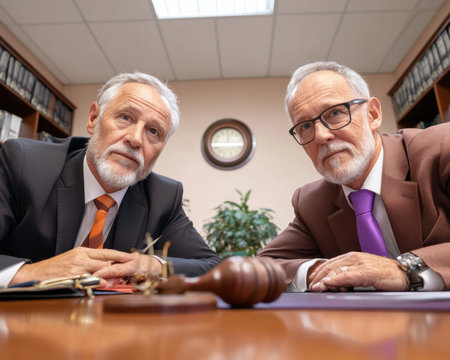 In a professional office, a seasoned lawyer clarifies a complex legal case for a concerned client The scene highlights clear communication, empowering the client with informed understanding Empathy and genuine care meet legal expertise, fostering trust through ethical advice and strategic planning Together, they navigate the legal landscape AI Generativeの素材