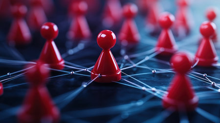A central red figure, the leader, connects to employees via lines symbolizing communication and cooperation This visual embodies strong leadership principles, emphasizing collaboration and interconnectedness for team synergy It illustrates how a leader fosters communication, driving organizational success The image promotes the concept that collective strength empowers individual success AI Generativeの素材
