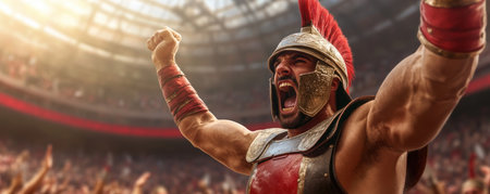 Experience ancient Rome's Colosseum: a gladiator's triumphant roar echoes as he raises his weapon, bathed in the crowd's adoration This high-resolution image captures the raw power, adrenaline, and historical grandeur of the arena Perfect for gaming concepts, historical depictions, and illustrating victory Feel the emotion and exhilaration of a bygone AI Generativeの素材