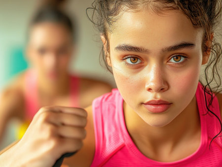 A female athlete's intense gaze during a workout reveals unwavering determination Her expressive eyes embody unparalleled endurance, focus, and power as she pushes past limits Feel her grit and resilience radiate, a testament to the hard work and dedication needed to achieve peak performance Inspiring others to embrace their inner AI Generativeの素材