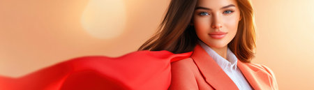 This stock photo embodies female empowerment: A confident businesswoman in formal attire, accented by a flowing red cape symbolizing leadership, strikes a powerful pose High-resolution images are perfect for marketing, presentations, and motivational content, representing success, ambition, and determination Ideal for entrepreneurs, executives, and leadership projects, inspiring audiences with a AI Generativeの素材