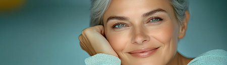 This royalty-free photograph portrays a confident, middle-aged woman with a shaved head, radiating strength and inner peace Her sparkling silver hair highlights wisdom and self-acceptance Ideal for lifestyle, health, and beauty campaigns, it celebrates confident aging and modern maturity, showcasing a powerful and elegant representation of women's empowerment AI Generativeの素材