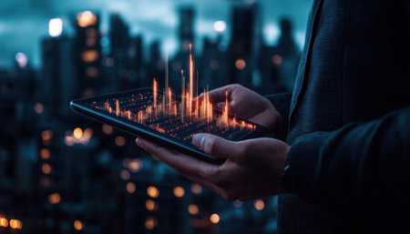 A businessman holds a tablet projecting holographic stock graphs, embodying modern finance This image signifies data-driven decisions, investment strategies, and exponential growth potential Ideal for fintech articles, trading platforms, and economic forecasts, it showcases technological advancement and inspires innovation in today's fast-paced digital business world AI Generativeの素材