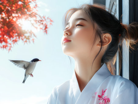Find peace in this inspiring stock photo A woman prays by a sunset-lit window as a bird takes flight Golden light evokes warmth, hope, and tranquility Perfect for adding spirituality and an uplifting message to your projects Witness faith and freedom captured in this beautiful, evocative scene Download now AI Generativeの素材