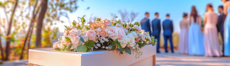 Find solace in our image of a serene outdoor funeral A white, flower-adorned casket rests under a clear sky as formally dressed mourners gather in unity The scene evokes peace, remembrance, and reflection amidst loss, honoring a life lived with dignity within nature's beauty Witness the visual representation of support AI Generativeの素材