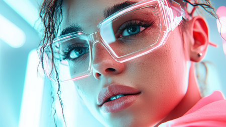 Witness the future in this surreal, neon-drenched AI portrait of a transhuman face Cyberpunk aesthetics merge with cutting-edge technology, illuminating an enhanced individual in vibrant artificial light This mesmerizing digital artwork showcases the potential of AI-generated imagery and the fusion of humanity with technology, a stunning example of modern digital AI Generativeの素材