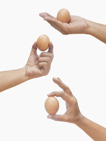 Hand holding a brown egg, isolated on white backgroundの写真素材