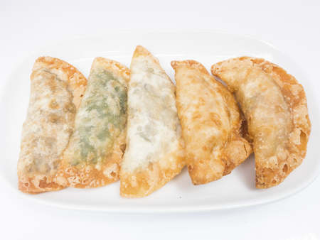 Fried dumplings on white dish