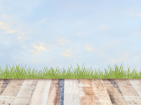 Wood floor and blue sky with grass.の写真素材
