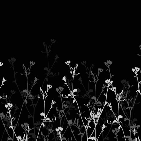 Illustration of wild flowers and branch isolated black and whiteの写真素材