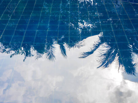 Water reflection of blue sky and leaves on swimming poolの写真素材