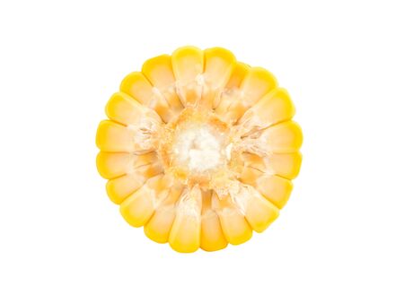 corn on the cob cutaway slice, isolated over white backgroundの写真素材