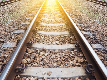 Close up railway track.Construction of railroad.