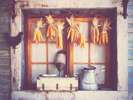 Wooden old window with decoration object. Vintage filter effect.の写真素材