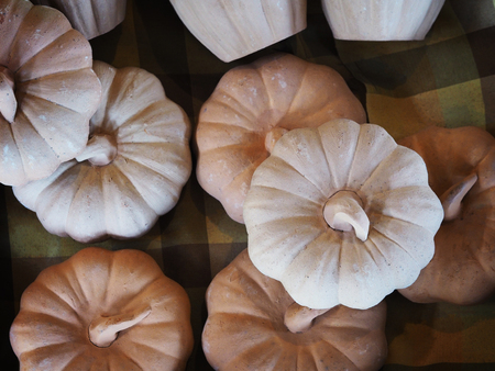 Set of raw ceramic pumpkins before painting for decorate halloween holiday.の写真素材