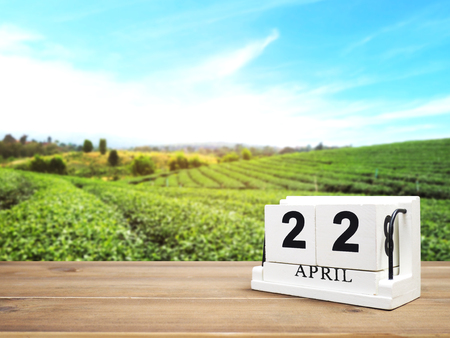 White vintage wood block calendar present date 22 and month April on brown wooden table over green  field background with copy space. Earth Day concept.

の写真素材