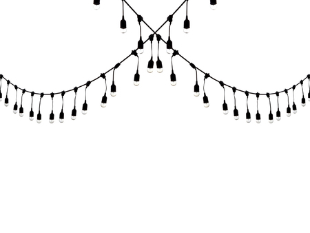 Silhouette hanging light bulbs with cable isolated on white background.の写真素材