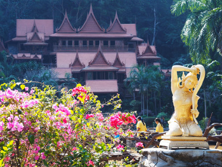 UTHAI THANI, THAILAND - JANUARY 04, 2020 : The golden angel statue at Wat Tham Khao Wong, the famous wooden temple in Uthai Thani province, Thailandのeditorial素材