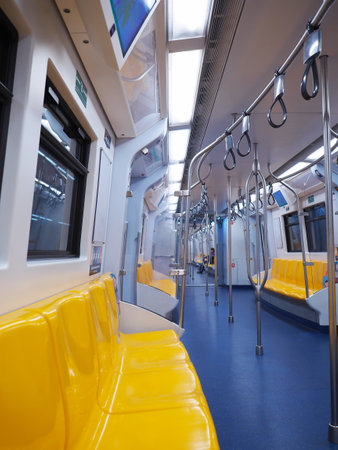 Bangkok, Thailand - January 09, 2020 : BTS Sky train interior perspective view with empty seats in the early morning.のeditorial素材
