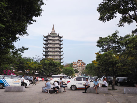 DANANG, VIETNAM - APRIL 03, 2019: Parking lot at the Linh Ung Pagoda, Da nang, Vietnam.のeditorial素材