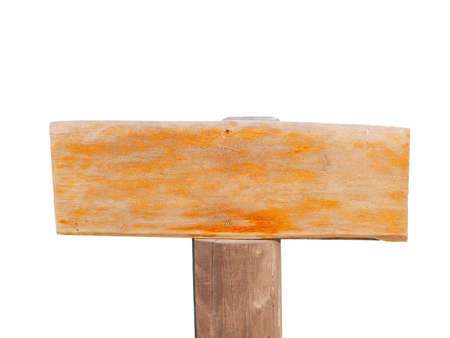 Close up blank brown wooden vintage board with post isolated on white background.の写真素材