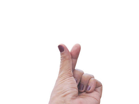 Woman mini hand heart shape isolated on white background. Finger making small heart for Valentine day symbol conceptの写真素材