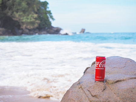 Phang Nga, Thailand - February 14, 2019: Coca-Cola can soft drink on the rock at summer beach background.のeditorial素材