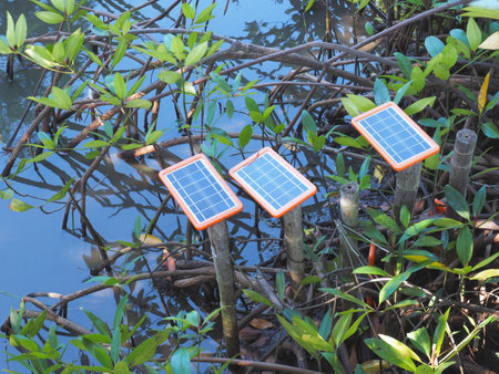 Portable solar panel setting in pond for outdoors lighting. Small solar battery cell panel for clean...