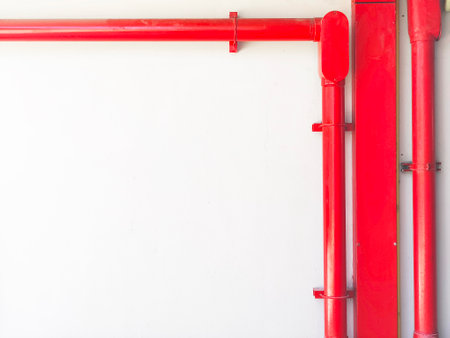 Close up red metal standpipe on white concrete background. Industrial pipe over factory wall with copy space.の写真素材