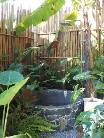 Tropical outdoor shower with plant and bamboo wall decoration. Jungle interior style.の写真素材