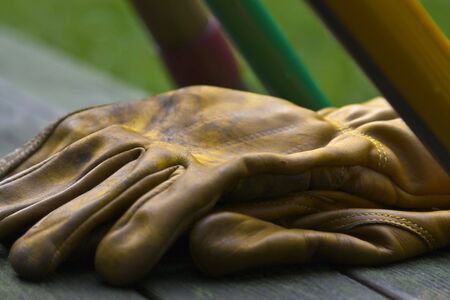 Yellow leather gardening gloves with tool handles.の写真素材