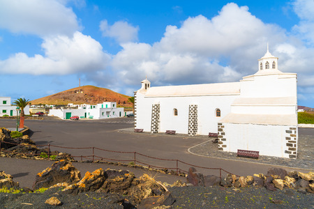 Typical white church in Tinajo village near Timanfaya National Park, Lanzarote, Canary Islands, Spainの写真素材