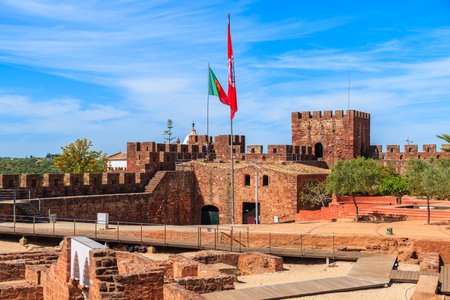 SILVES CASTLE, PORTUGAL - MAY 17, 2015: square of medieval castle in Silves town, Algarve region, Portugal. This town has best preserved ruins of castle in whole Algarve region.のeditorial素材