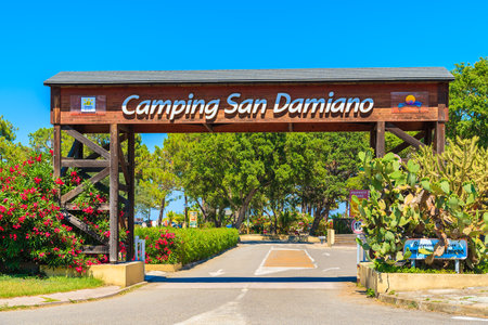CORSICA ISLAND, FRANCE - JUL 2, 2015: entrance gate to San Damiano camping near Bastia town, very popular place to spend vacatioのeditorial素材