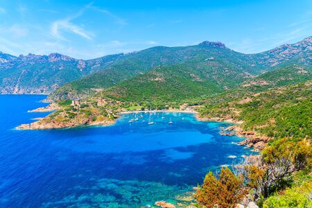 A view of beautiful Girolata bay with azure sea water, Corsica island, Franceの写真素材