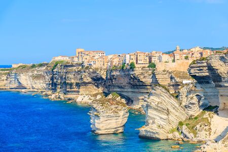 A view of Bonifacio old town built on high cliff above the sea, Corsica island, Franceの写真素材