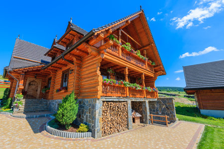 TATRA MOUNTAINS, SLOVAKIA - JUN 13, 2015: typical wooden house in Zdiar village. Many people build houses in traditional mountaiのeditorial素材