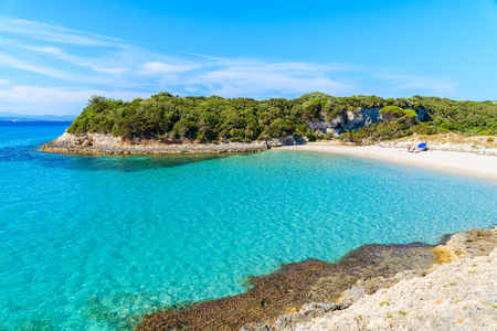 A view of idyllic Petit Sperone beach with crystal clear turquoise sea water, Corsica island, Franceの写真素材