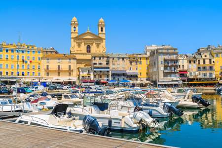 BASTIA PORT, CORSICA ISLAND - JUL 4, 2015: Boats in Bastia port on sunny summer day.のeditorial素材